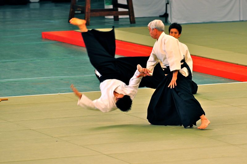 'Doshu performing shihonage (uke is Suzuki Toshio Sensei).'