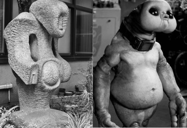 'The statue compared to the altered slitheen image.'