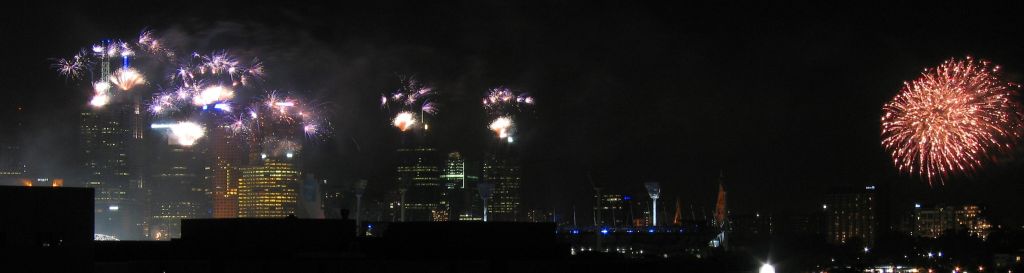 'Fireworks across the city skyline'